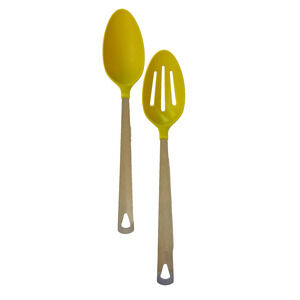VTG Kitchen‎ Utensil Set 2 Serving Spoon Slotted Avocado Green Metal Handle 13"